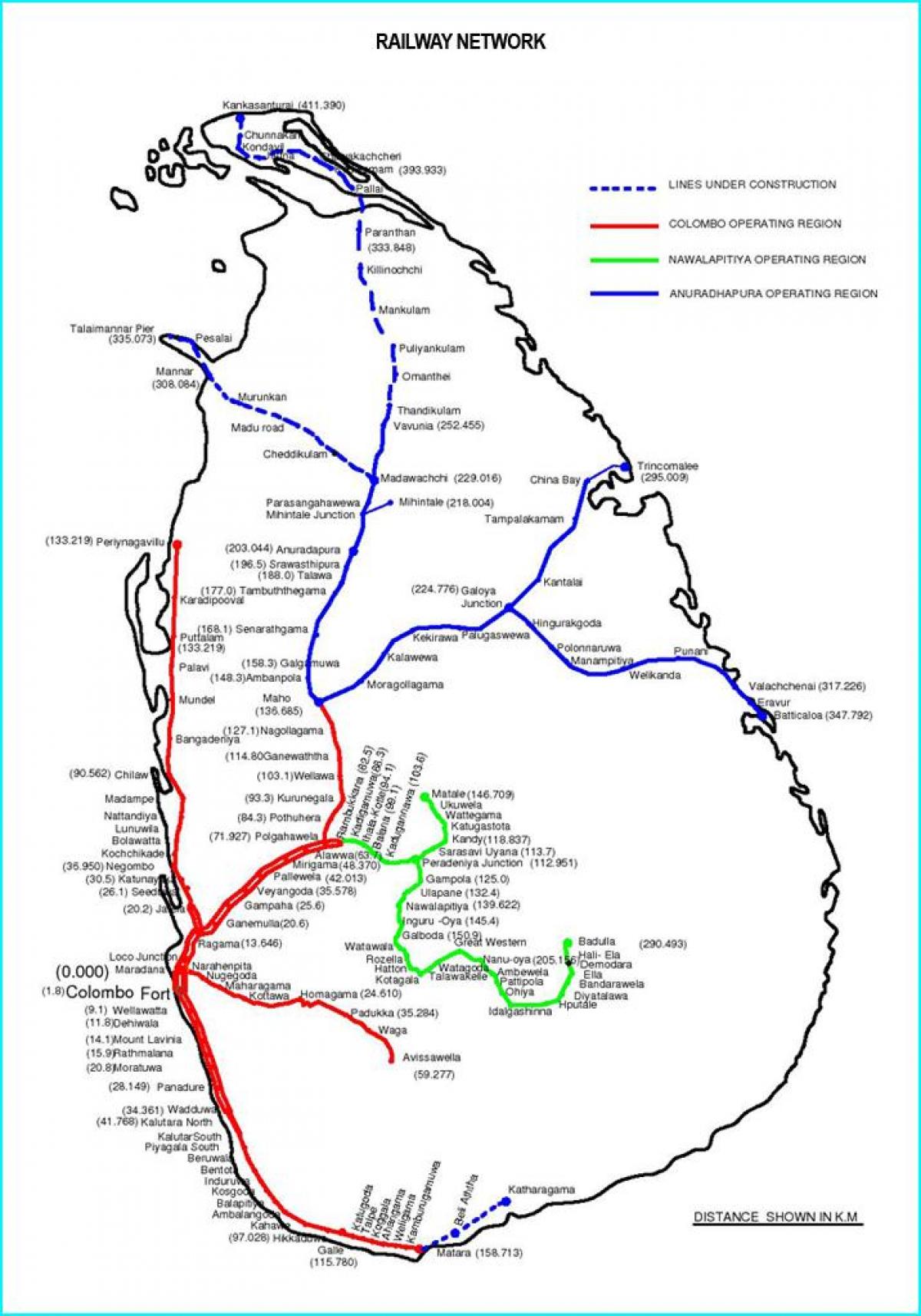 Շրի-Լանկա երկաթուղային ցանցի քարտեզի վրա